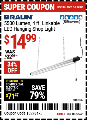 BRAUN: 5500 Lumen, 4 ft. Linkable LED Hanging Shop Light