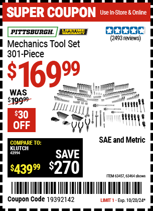 PITTSBURGH: Mechanics Tool Set, 301 Piece