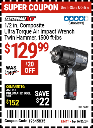 EARTHQUAKE XT: 1/2 in. Composite Ultra-Torque Air Impact Wrench, Twin Hammer, 1500 ft. lbs.