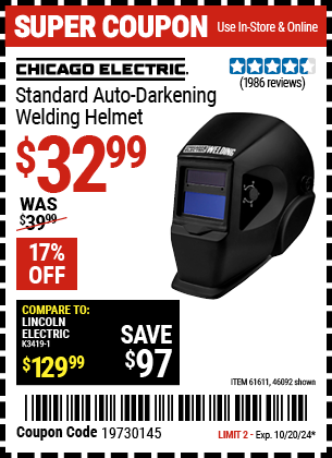 CHICAGO ELECTRIC: Standard Auto-Darkening Welding Helmet