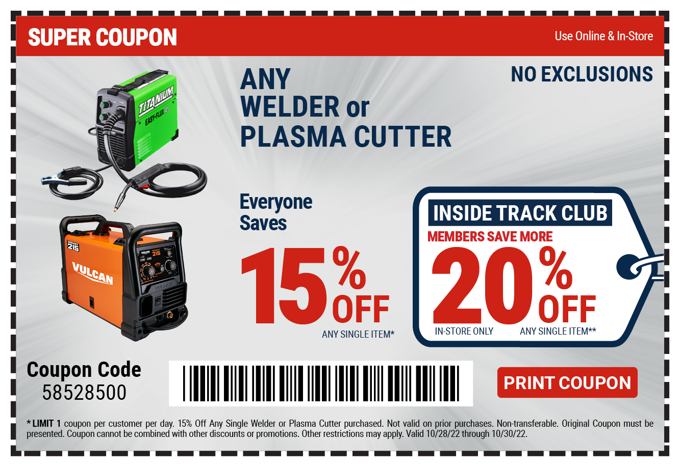 15% off Any Single Welder or Plasma Cutter