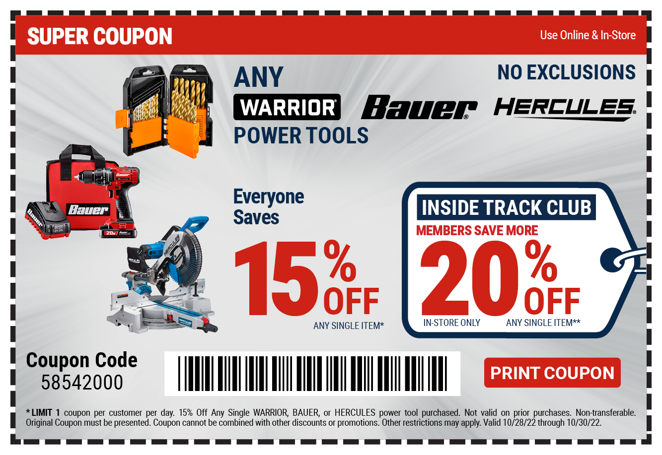 15% off Warrior  Bauer Hercules Power Tool Product