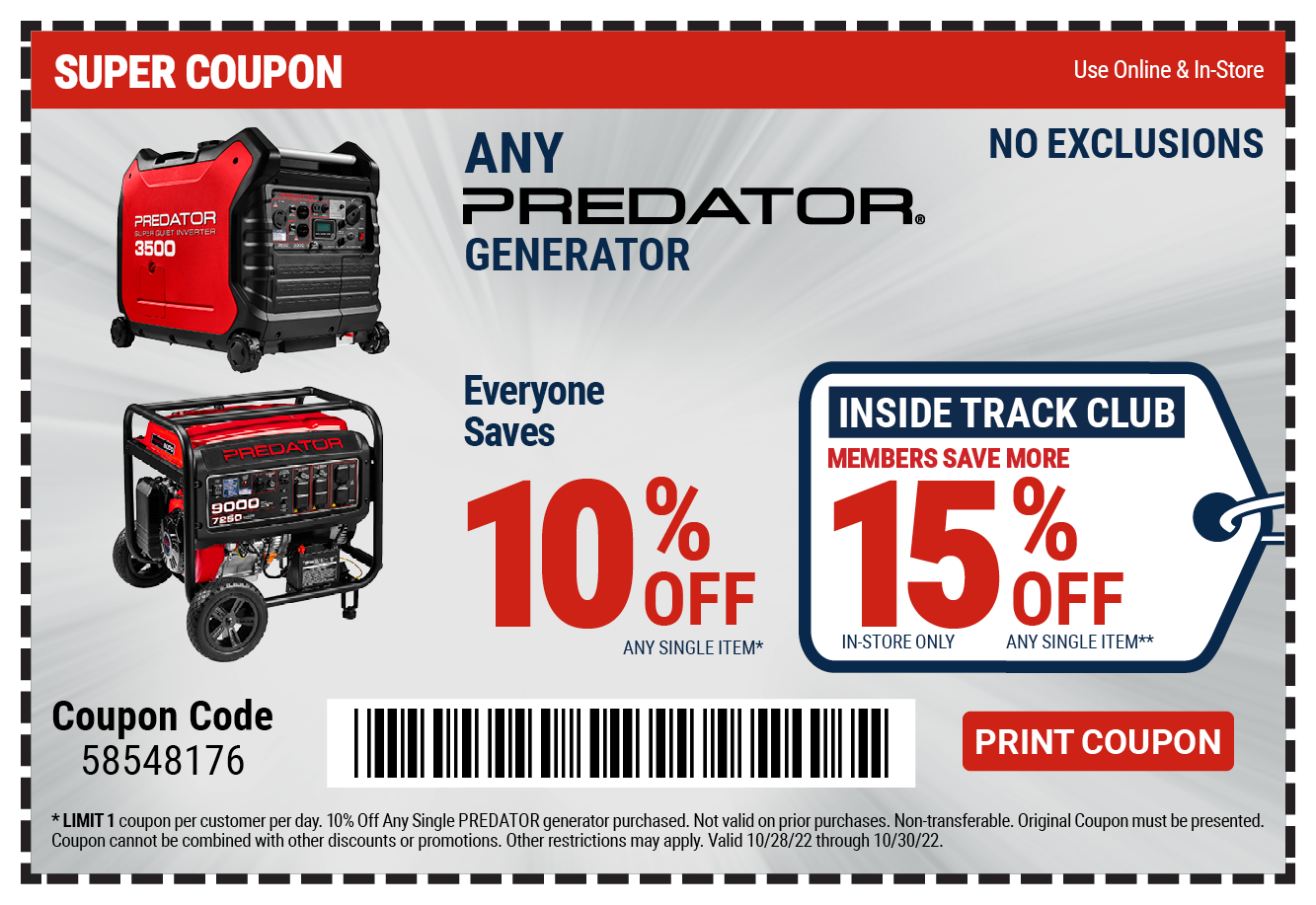 10% off any single Predator Generator