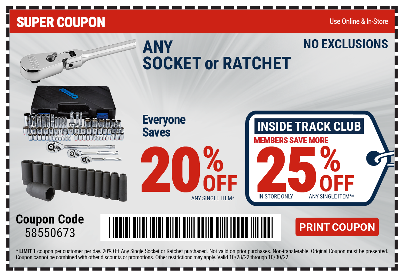 20% any Socket & Ratchet (all brands)