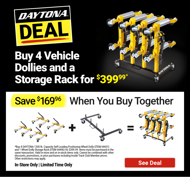 DAYTONA DEAL: Buy 4 Vehicle Dollies and a Storage Rack for $399.99