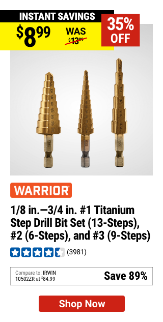 WARRIOR: 1/8 in. - 3/4 in. #1 Titanium Step Drill Bit (13-Steps), #2 Titanium Step Drill Bit (6-Steps), and #3 Titanium Step Drill Bit (9-Steps)