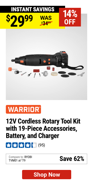 WARRIOR: 12V Cordless Rotary Tool Kit with 19-Piece Accessories, Battery, and Charger