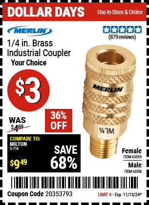 MERLIN 1/4 in. Brass Industrial Coupler