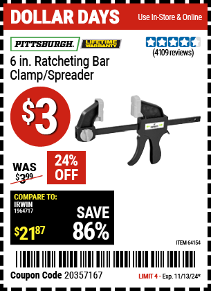 PITTSBURGH 6 in. Ratcheting Bar Clamp/Spreader