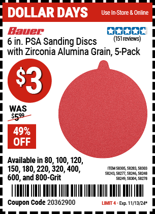 BAUER: 6 in., 80 Grit PSA Sanding Discs with Zirconia Alumina Grain, 5-Pack