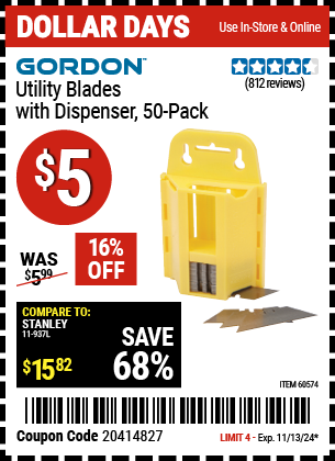 GORDON: Utility Blades with Dispenser, 50 Pack