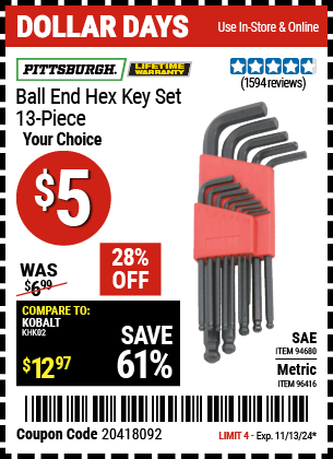 PITTSBURGH Metric Ball End Hex Key Set, 13 Piece