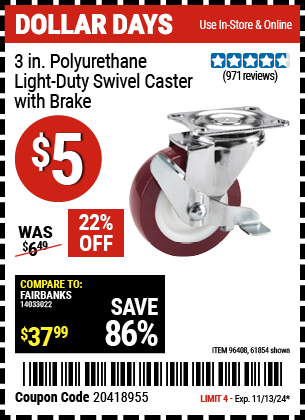 3 in. Polyurethane Light Duty Swivel Caster with Brake