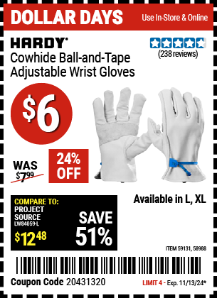 HARDY: Cowhide Ball-and-Tape Adjustable Wrist Gloves, Large