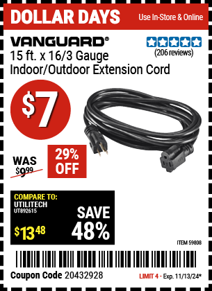 VANGUARD 15 ft. x 16/3 Gauge Indoor/Outdoor Extension Cord, Black