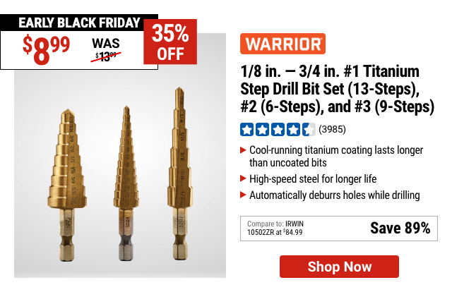 WARRIOR: 1/8 in. - 3/4 in. #1 Titanium Step Drill Bit (13-Steps), #2 Titanium Step Drill Bit (6-Steps), and #3 Titanium Step Drill Bit (9-Steps)