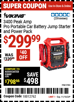 VIKING 3400 Peak Amp Pro Portable Car Battery Jump Starter and Power Pack