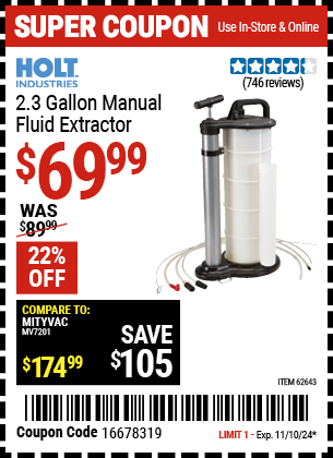 HOLT INDUSTRIES: 2.3 gallon Manual Fluid Extractor