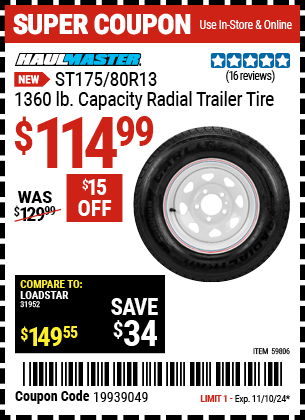 HAUL-MASTER ST175/80R13, 1360 lb. Capacity Radial Trailer Tire