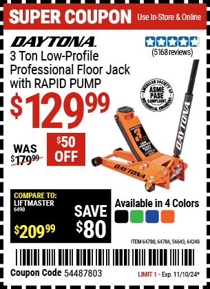 DAYTONA: 3 Ton Low-Profile Professional Floor Jack with RAPID PUMP