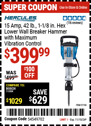 HERCULES 15 Amp 42 lb. 1-1/8 in. Hex Lower Wall Breaker Hammer with Maximum Vibration Control