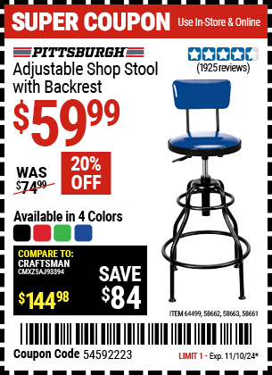 PITTSBURGH AUTOMOTIVE: Adjustable Shop Stool with Backrest