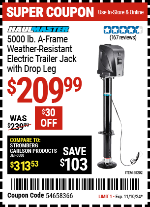 HAUL-MASTER: 5000 lb. A-Frame Weather Resistant Electric Trailer Jack with Drop Leg