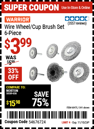 WARRIOR Wire Wheel/Cup Brush Set, 6 Piece