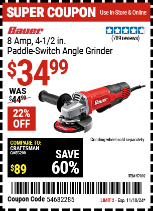 BAUER: 8 Amp, 4-1/2 in. Paddle Switch Angle Grinder