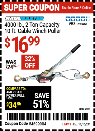 HAUL-MASTER: 4000 lb., 2 Ton Capacity 10 ft. Cable Winch Puller