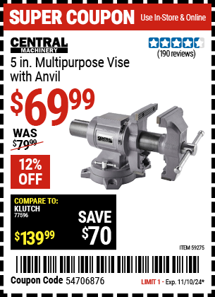 CENTRAL MACHINERY: 5 in. Multi-Purpose Vise with Anvil