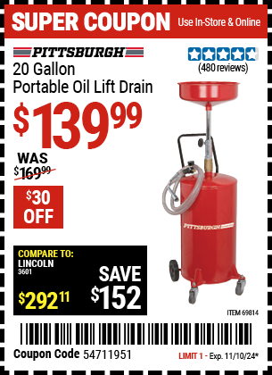 PITTSBURGH AUTOMOTIVE 20 gallon Portable Oil Lift Drain