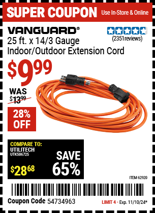 VANGUARD: 25 ft. x 14/3 Gauge Indoor/Outdoor Extension Cord, Orange