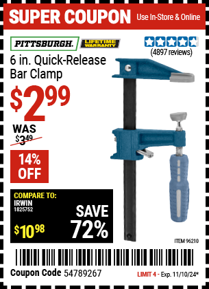 PITTSBURGH: 6 in. Quick Release Bar Clamp