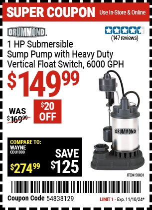 DRUMMOND: 1 HP Submersible Sump Pump with Heavy Duty Vertical Float Switch, 6000 GPH