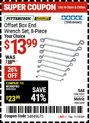 PITTSBURGH: Metric Offset Box End Wrench Set, 8 Piece