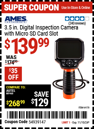 AMES INSTRUMENTS 3.5 In. Digital Inspection Camera with Micro SD Card Slot