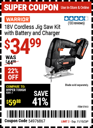 WARRIOR: 18V Cordless Jig Saw Kit with Battery and Charger