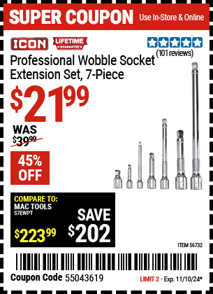 ICON: Professional Wobble Socket Extension Set, 7 Piece