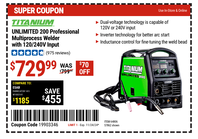 TITANIUM UNLIMITED: 200 Professional Multi-Process Welder with 120/240V Input - coupon