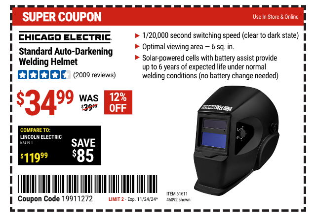 CHICAGO ELECTRIC: Standard Auto-Darkening Welding Helmet - coupon