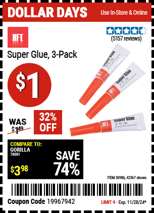 HFT Super Glue, 3 Pack