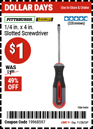 PITTSBURGH 1/4 in. x 4 in. Slotted Screwdriver