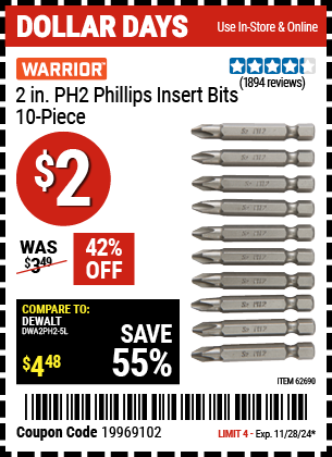 WARRIOR 2 in. PH2 Phillips Insert Bits, 10-Piece