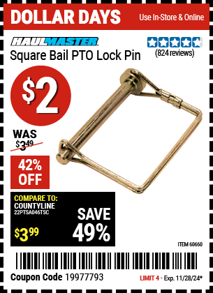 HAUL-MASTER Square Bail PTO Lock Pin