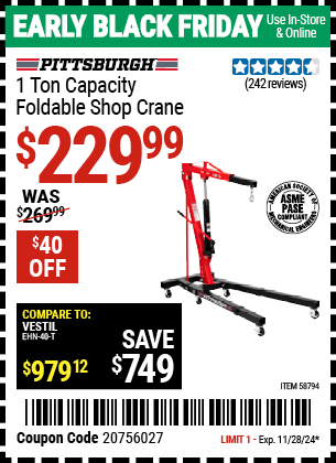 PITTSBURGH 1 Ton Capacity Foldable Shop Crane