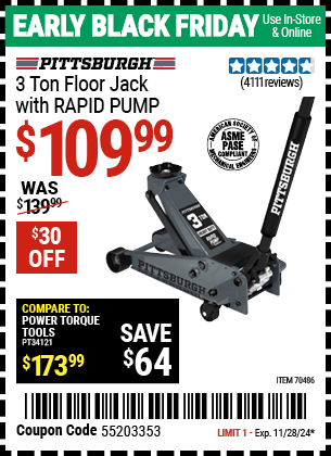 PITTSBURGH 3 Ton Floor Jack with RAPID PUMP, Slate Gray