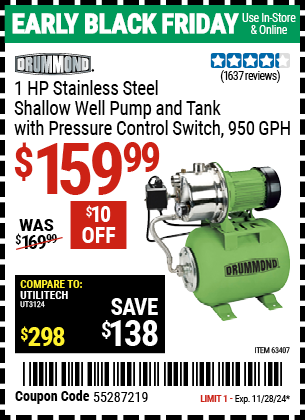 DRUMMOND 1 HP Stainless Steel Shallow Well Pump and Tank with Pressure Control Switch - 950 GPH