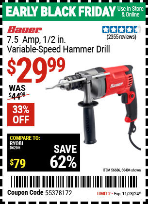 BAUER 7.5 Amp 1/2 in. Variable-Speed Hammer Drill