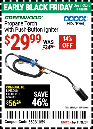 GREENWOOD Propane Torch with Push Button Igniter